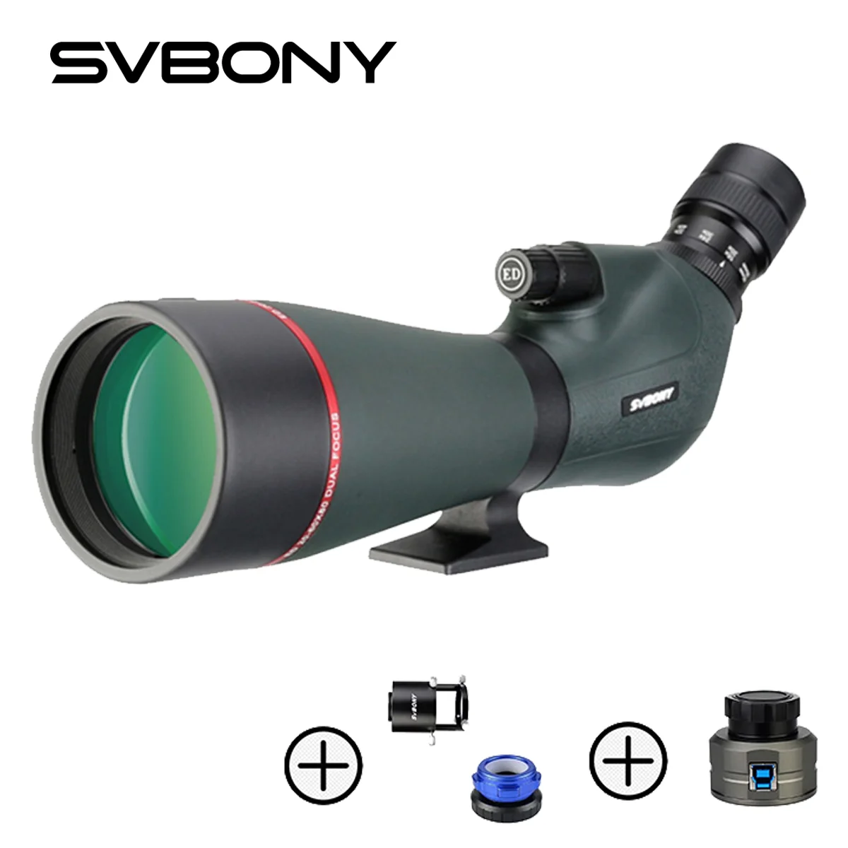 Telescópio SVBONY SV406P ED Spotting Scope 20-60x80 Dual Focus IPX7 Telescópio de observação de pássaros à prova d'água Tiro com arco com câmera SV205