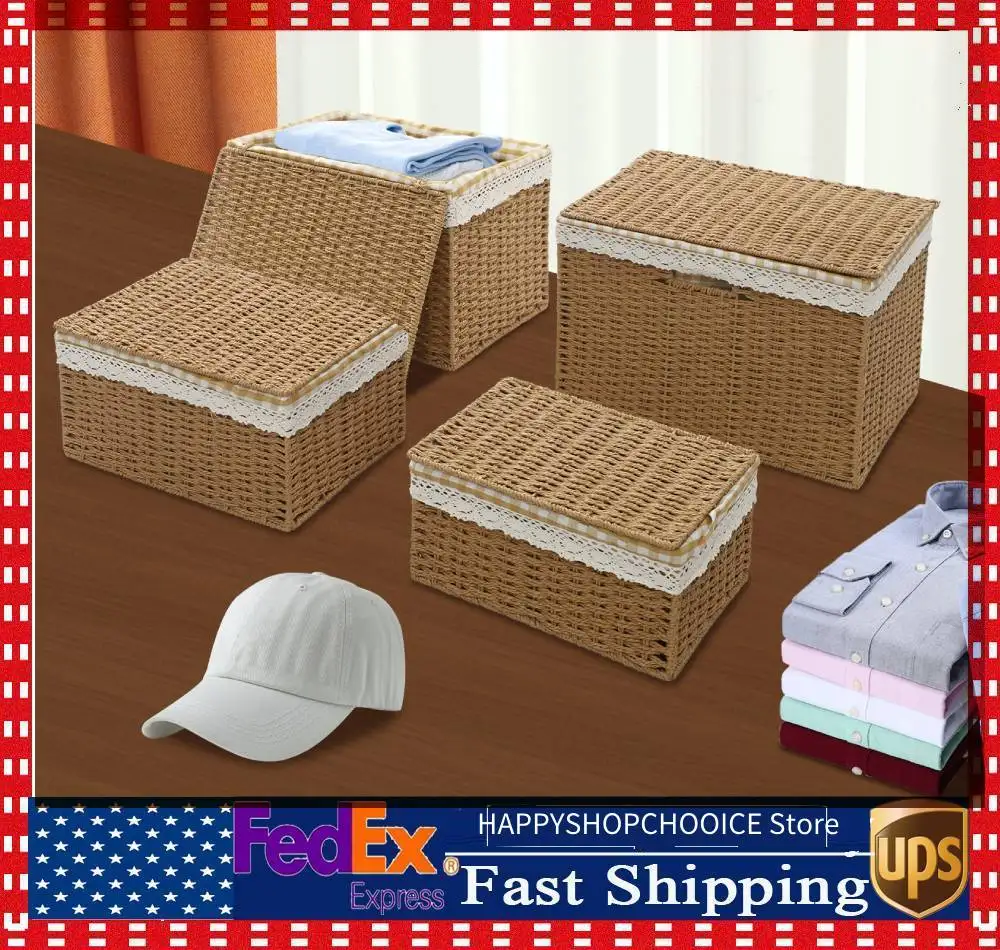 

Large Storage Bin Rope Woven Basket Storage Basket with Lid/Handle & Liner 31*21*15cm+35*25*19cm+38*26*24cm+41*30*29cm