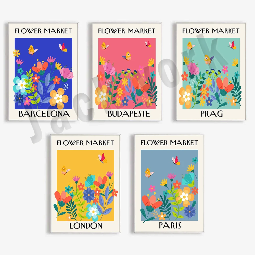 Flower market poster, Paris, Prague, London, Budapest, Barcelona flower market travel city aesthetic poster, gallery wall art