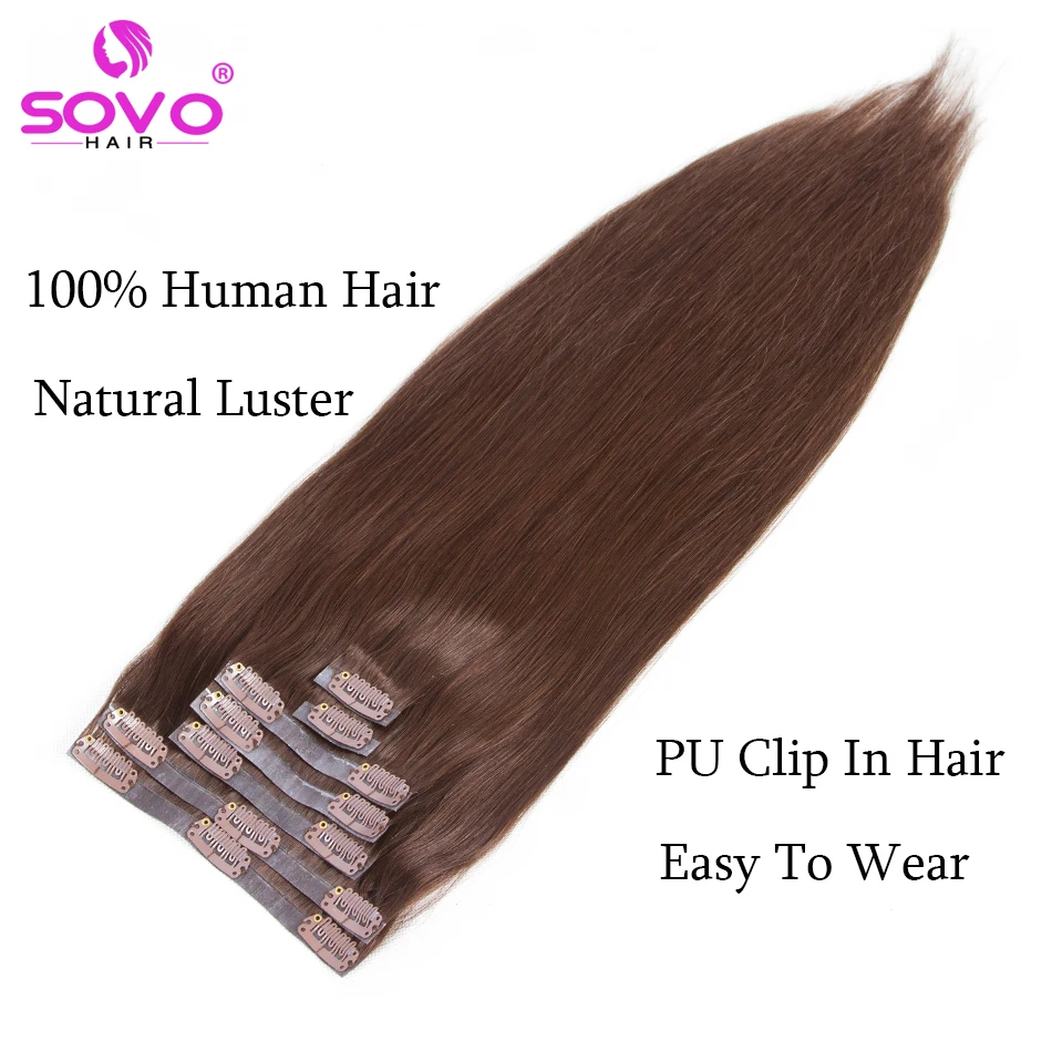 SOVO ตรงคลิปในส่วนขยายของผมมนุษย์ 7pcs 120g ไม่มีรอยต่อที่มองไม่เห็น PU คลิปใน Human Hair EXTENSION Remy ผมสี