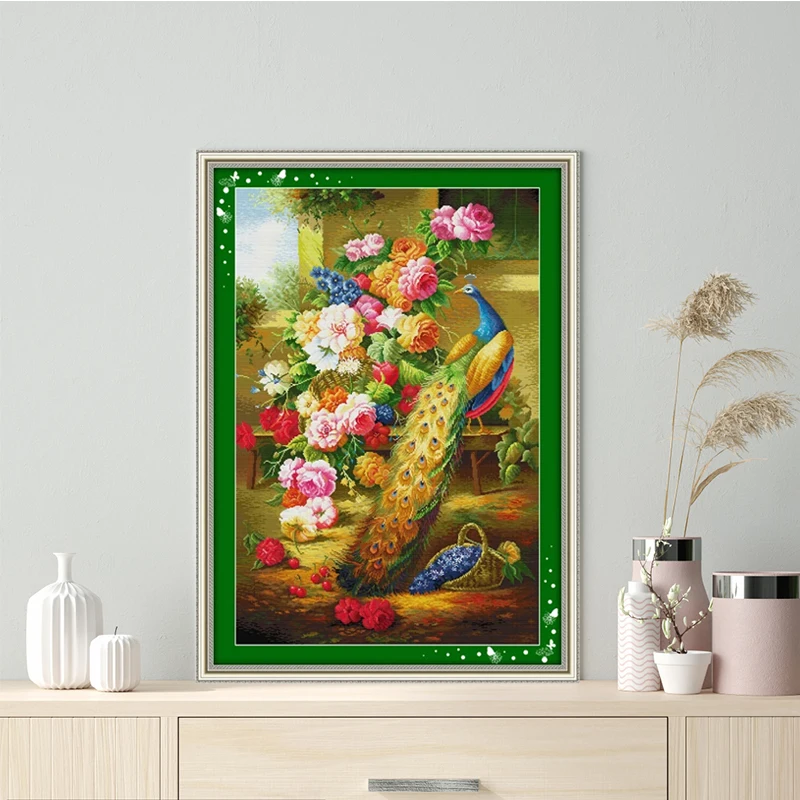 Beautiful peacock animal pattern cross stitch, peacock flowers 11CT 14CT suite embroidery with Chinese characteristics