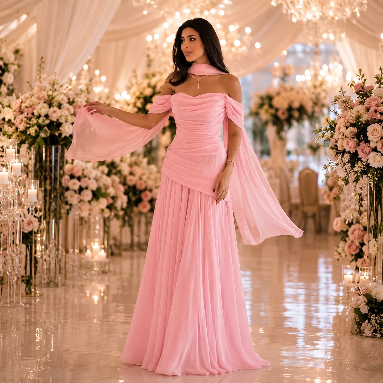 Galarity Customized 2026 Off Shoulder Prom Dresses Pleated Evening Dress Women Ruched Formal Gown Scarf Neck Wedding Guest Dress