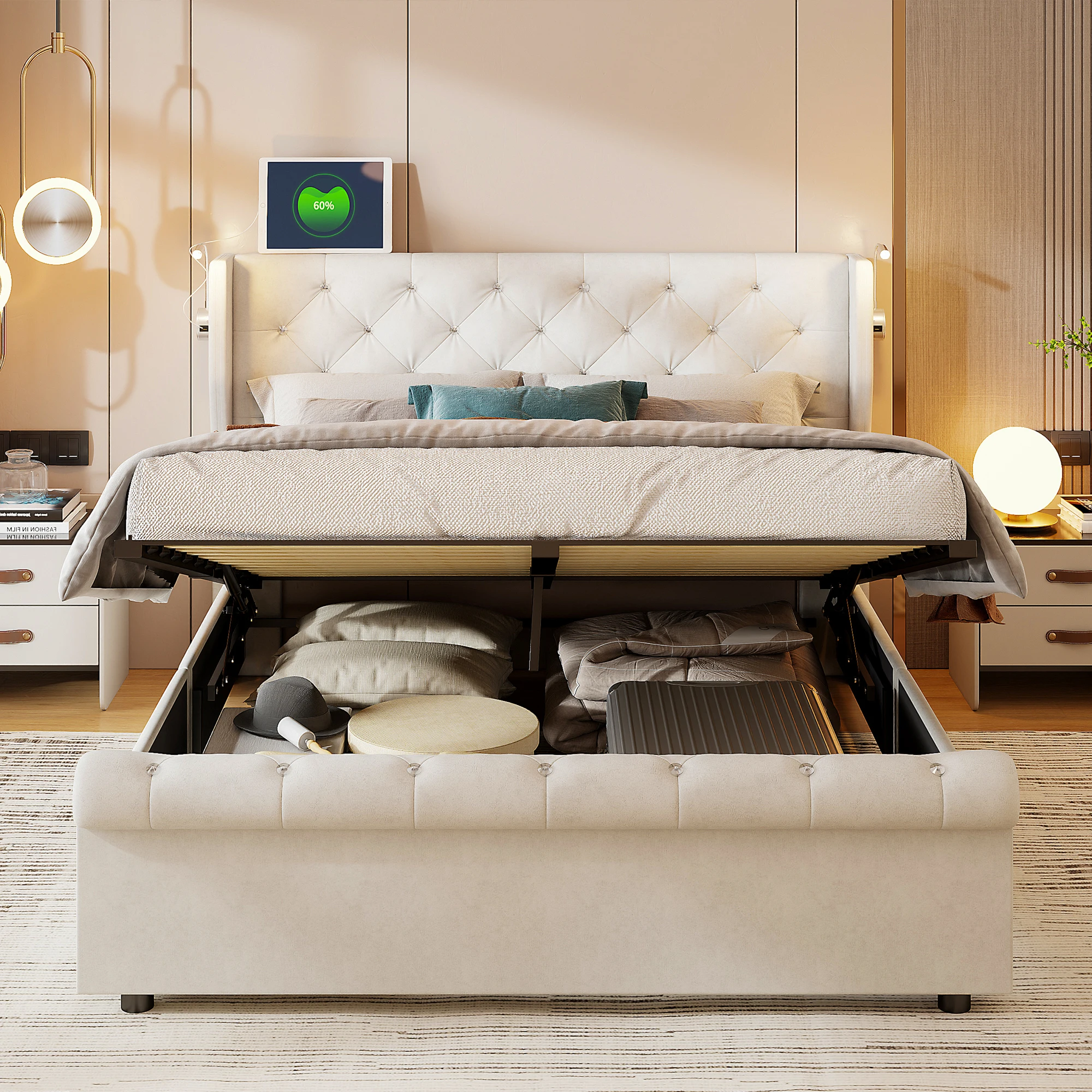 Letto matrimoniale 140x190 cm con illuminazione a LED e porta di ricarica USB, letti matrimoniali imbottiti con contenitore e rete a doghe, velluto, beige