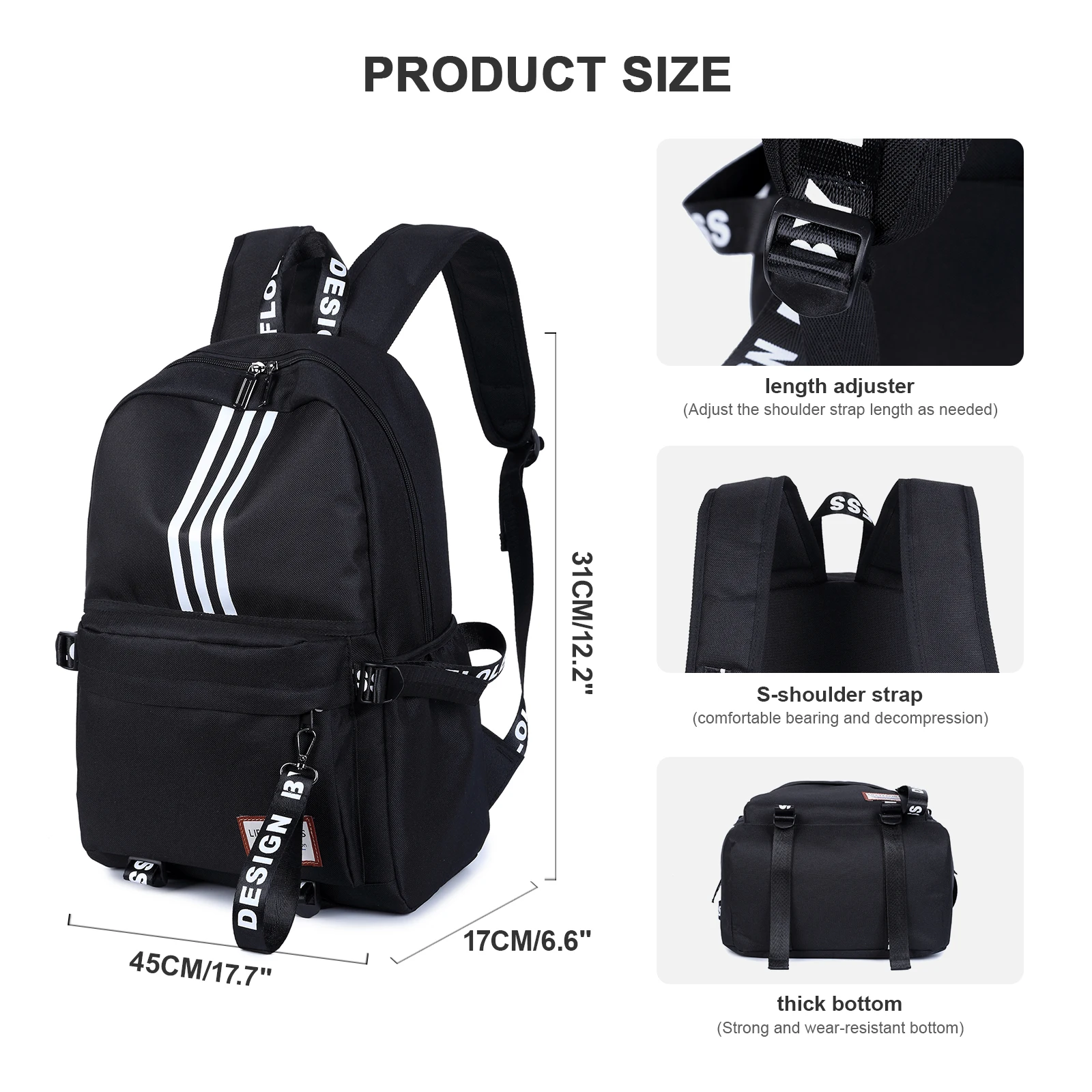 Black School Backpack for Teen Girls Boys Waterproof College Casual Daypack Travel Laptop Backpack for Women Men School Bookbag