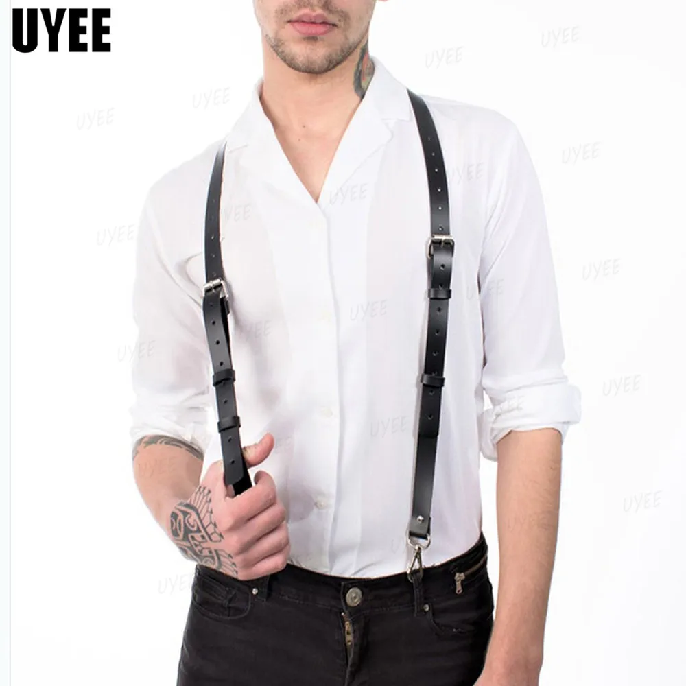 

UYEE Punk Men Suspenders Black PU Leather Harness Straps Gothic Garter Belts Adjustable 3 Clips Trouser Brace Rave Otfit Rock