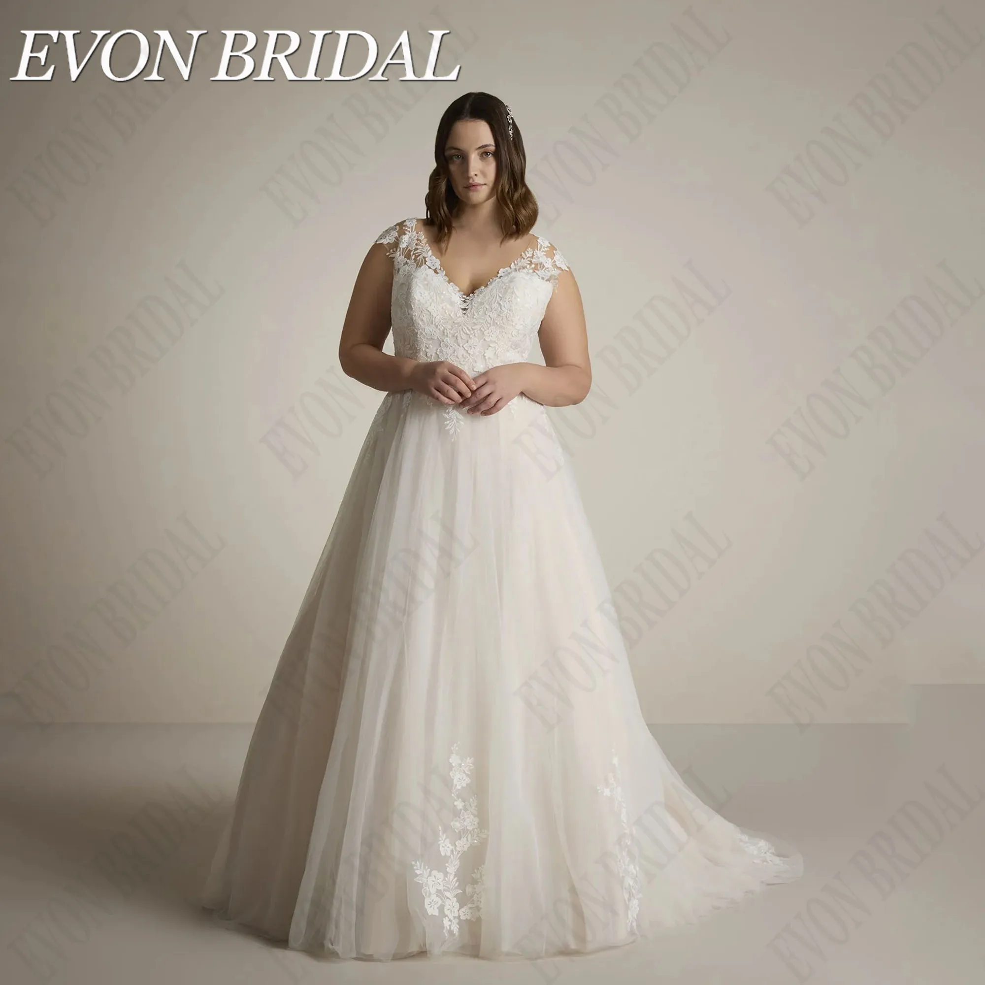 

EVON BRIDAL Plus Size Wedding Dress V Neck Cap Sleeves A-Line Bride Gowns Lace Up Applique Civil Bridal Dresses Sweep Train