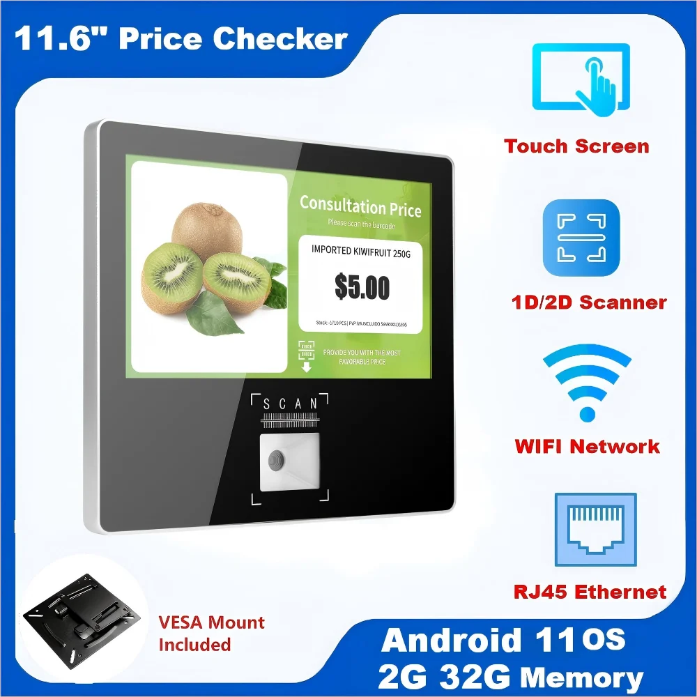 

11.6-inch Android 11, RK3566, 2GB RAM + 32GB HDD, Win11, 8GB RAM + 128GB HDD, 1D/2D scanning dock, touchscreen price checker