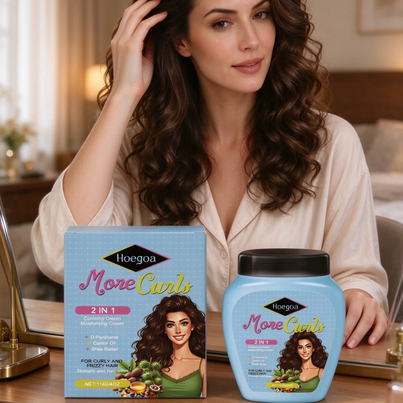 Hoegoa Frizz Control Cream Deep Nourishing Hair No Rinse Reduce Split Ends Long Lasting Smooth Boosting Shine Curl Care Cream