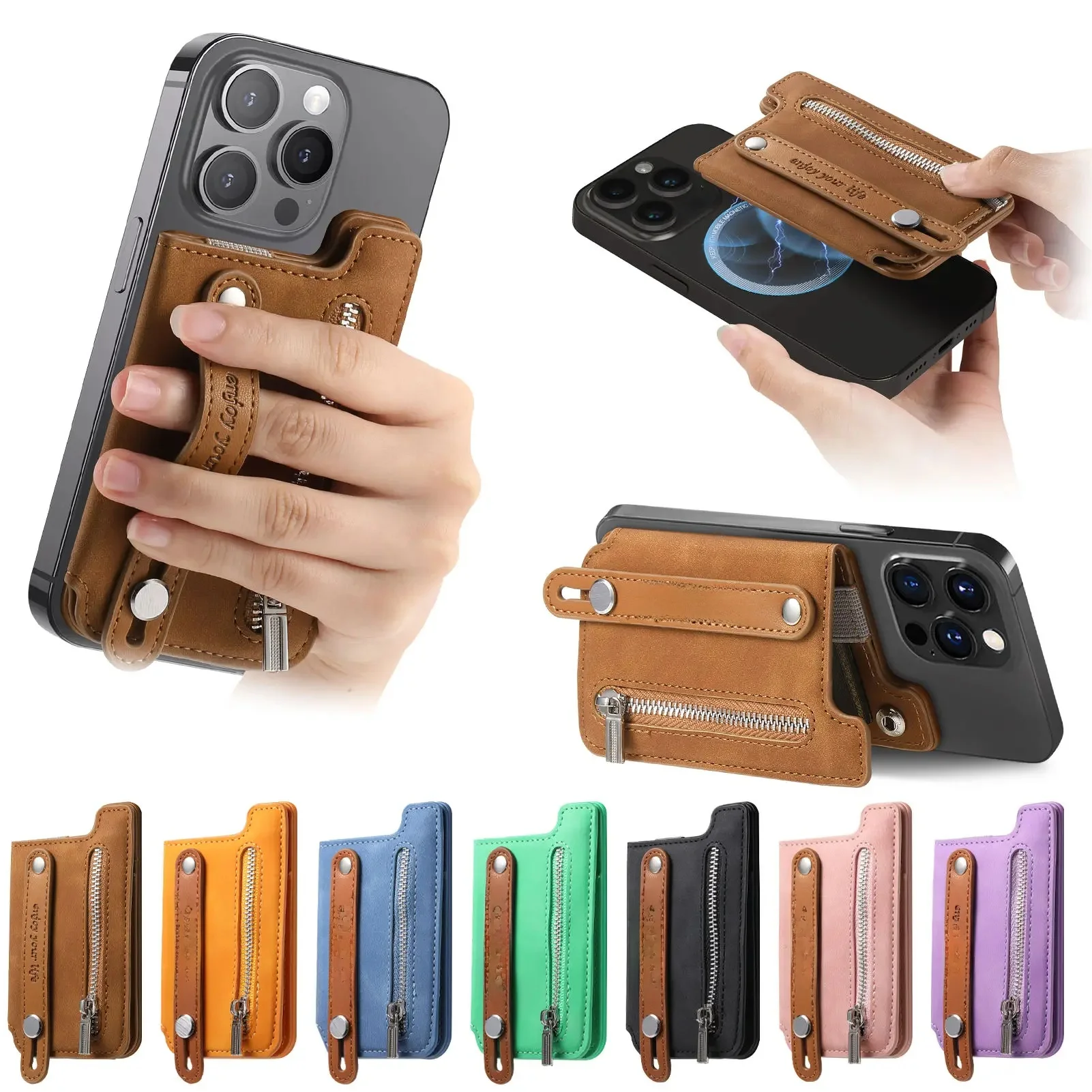 Telefoonkaarttas Draagbare portemonnee met ritssluiting Geschikt voor Magsafe Magnetische telefoonhoes Universele push-pull polsband Desktophouder - afbeelding 2