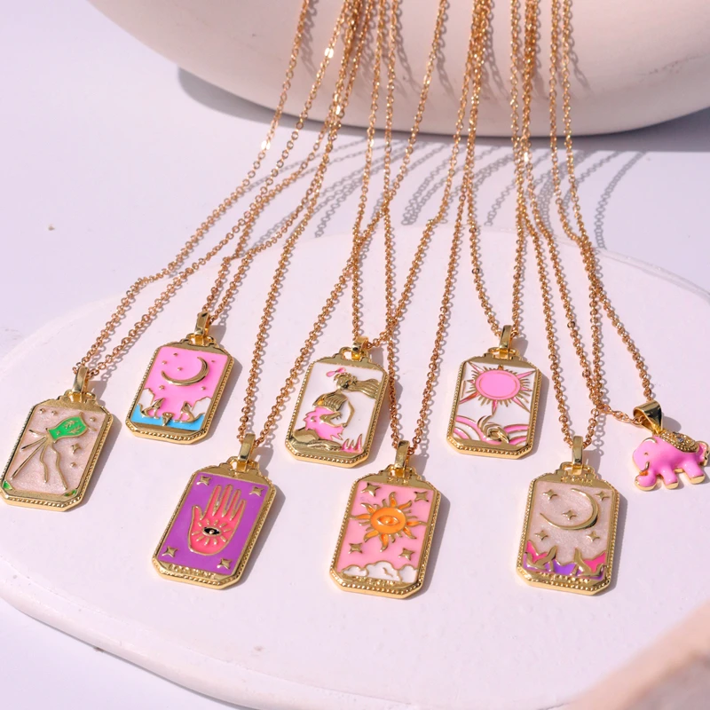 Pink Dripping Oil Punk Tarot Sun God Star Moon Hand Flame Elephant Girl Enamel Square Necklace for Women Gifts HangZhi2022 New