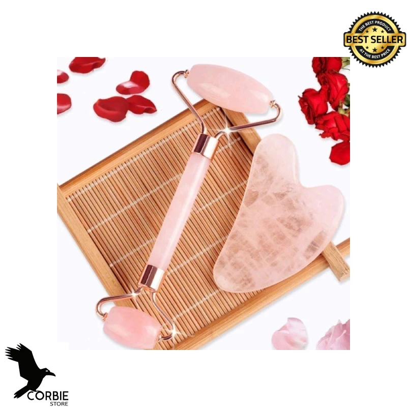 Rose Quartz Gua Sha Stone Massager And Face Roller Set Of 2 Natural Stone