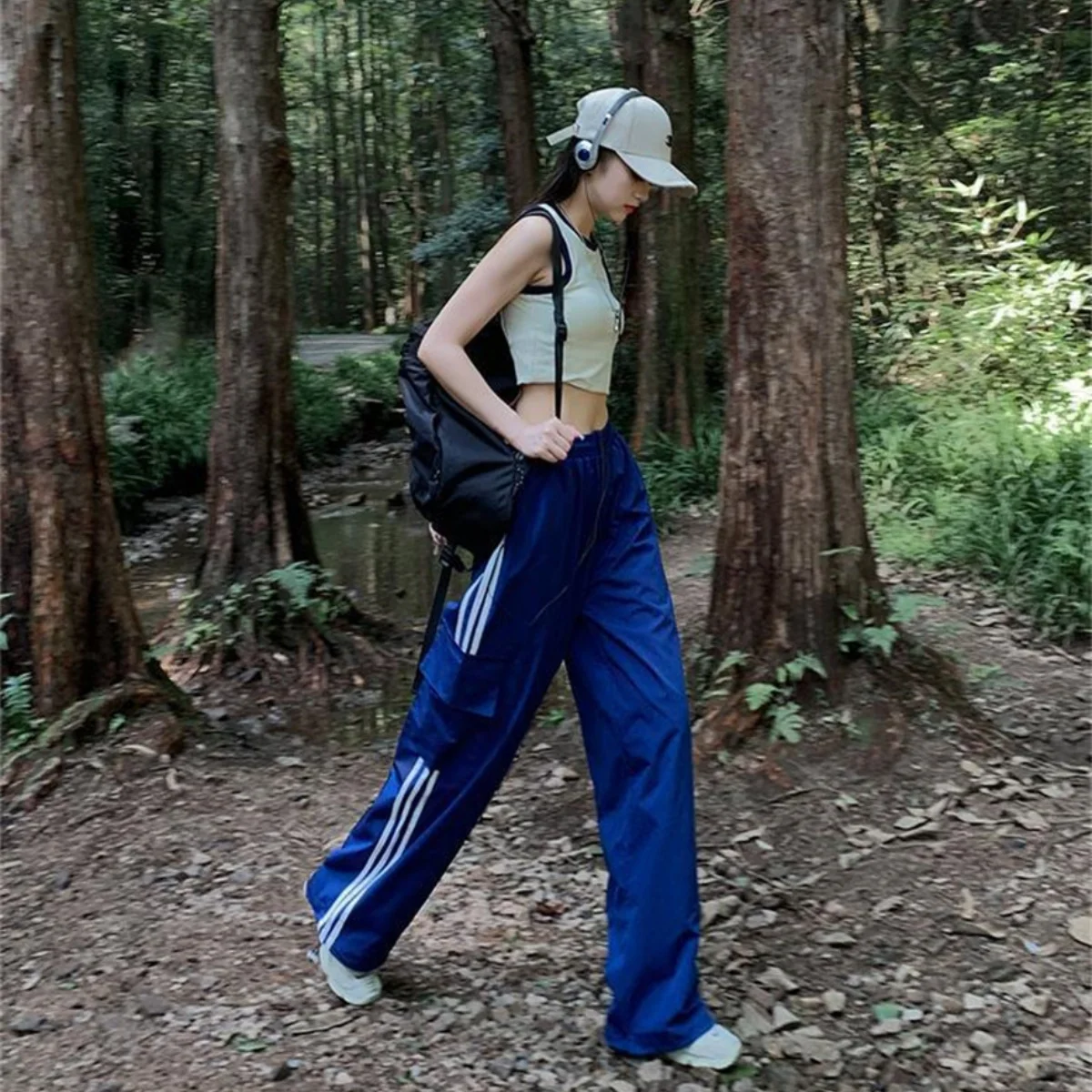 النساء Y2k واسعة الساق السراويل الترنك فضفاض الجانب مخطط ركض Sweatpants مرونة الخصر كتلة اللون المظلة السراويل مع جيوب