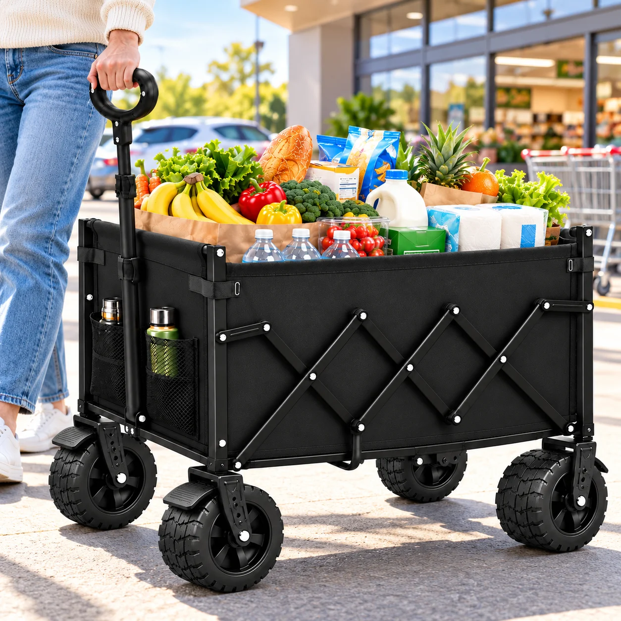 739/600/375LBS Heavy Duty Folding Wagon Cart, Large Capacity Collapsible Utility Wagon with Reinforced Steel Frame, Durable Oxford Fabric, Adjustable Handle, Extra Wide All-Terrain Wheels & Side Storage Pockets for Camping, Shopping, Garden, Beach & Outdo - view 7