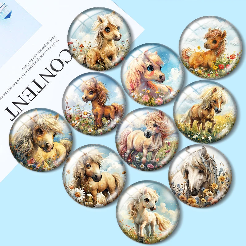 

Cute Pony Horse In Flower Meadow 10pcs 12mm/16mm/18mm Round Photo Glass Cabochon Demo Flat Back Making findings