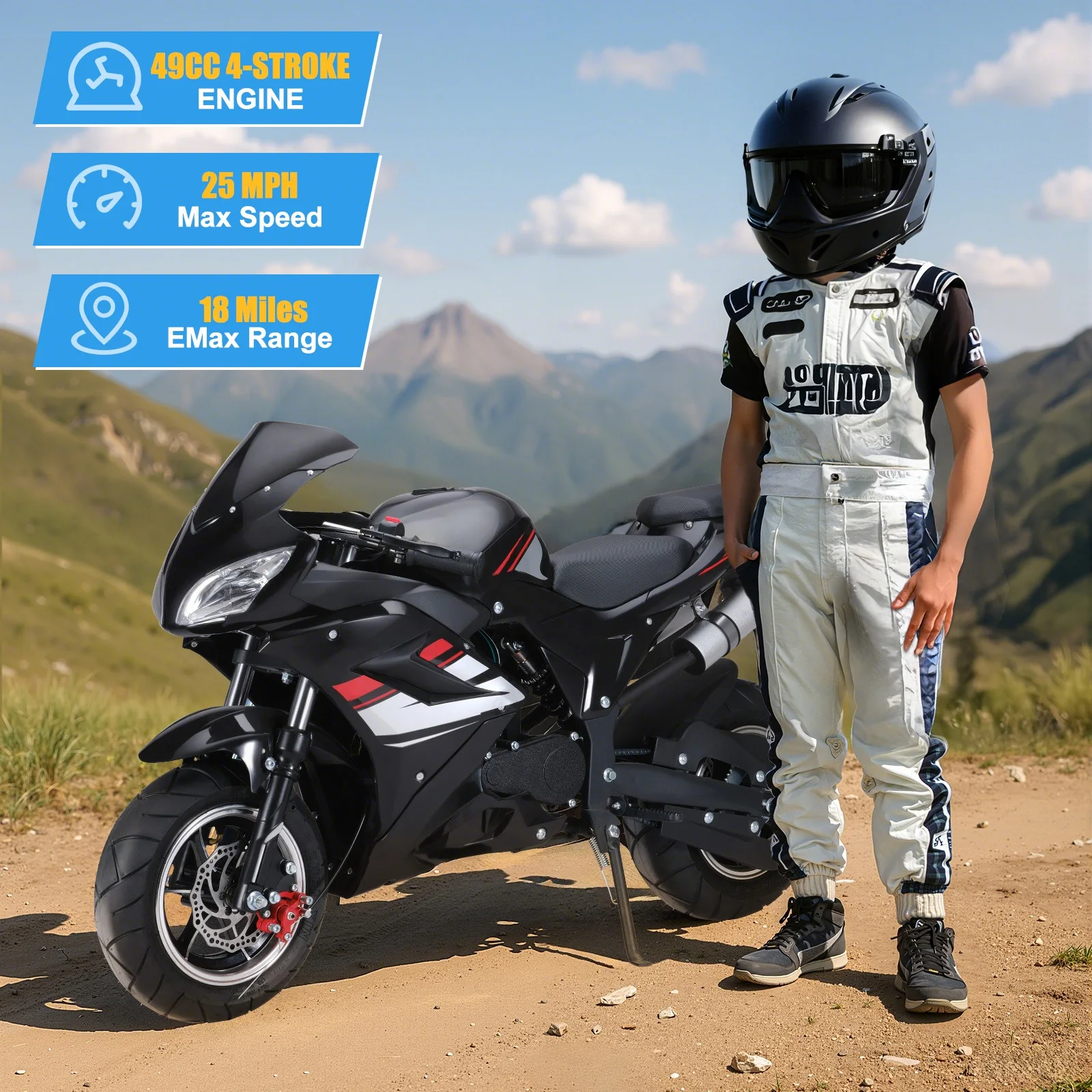 Motocykl crossowy dla dzieci 49cc 4-suwowy, mini motocykl benzynowy z 8-calowymi kołami, motocykl kieszonkowy z przednimi i tylnymi hamulcami tarczowymi, podwójne światło przednie.