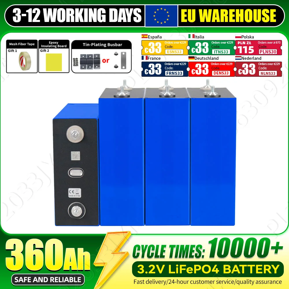 Brandneue 3,2V 360Ah Lifepo4-Batterie, 10000+ Zyklen, sichere wiederaufladbare Zelle mit 3 Zubehörartikeln als Geschenk, Klasse A, DIY 12V 24V 48V für Wohnmobile, Elektrofahrzeuge, Heimenergie,