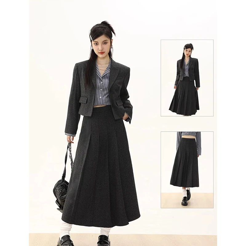 

Women Fashion Dress Set 2023 Autumn Long Sleeve Lapel Suit Jacket+pleated Half Midi Skirt Korean Fashion Two-piece Set