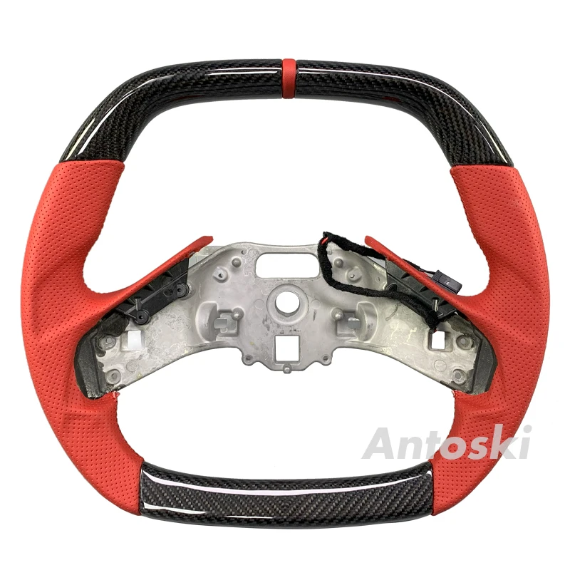 

Custom red perforated leather carbon fiber steering wheel suitable for Chevrolet Corvette C8 steering wheel.