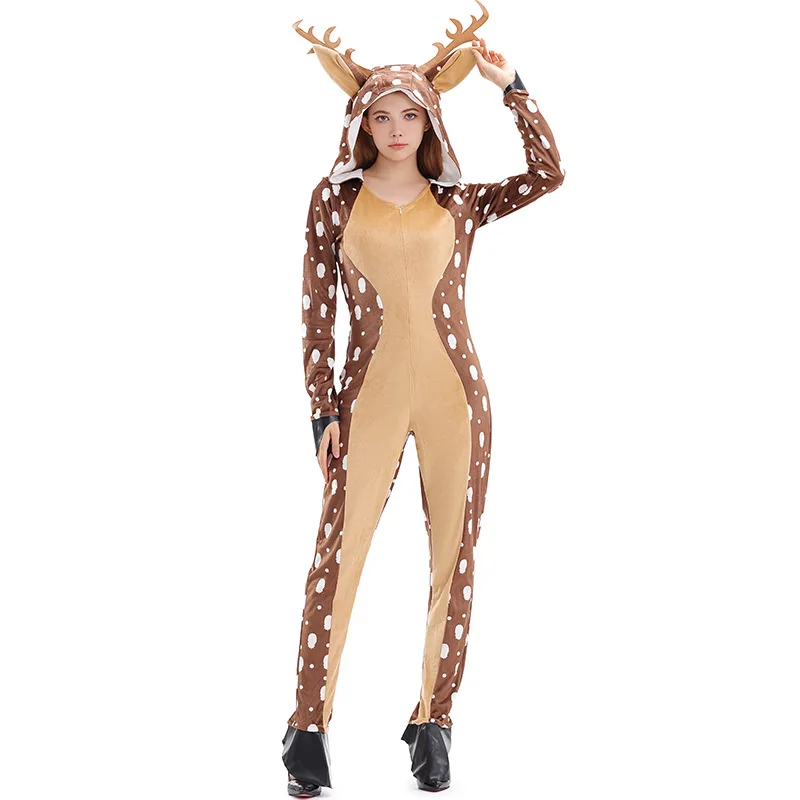 Reindeer Costume Women Christmas Rudolph Polka Dot Animal Cosplay Fleece Romper Girls Deer Costume