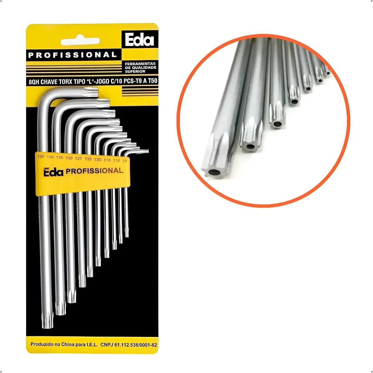 Kit Jogo De Chaves Torx 10 Pçs Com Furo Longa - Eda