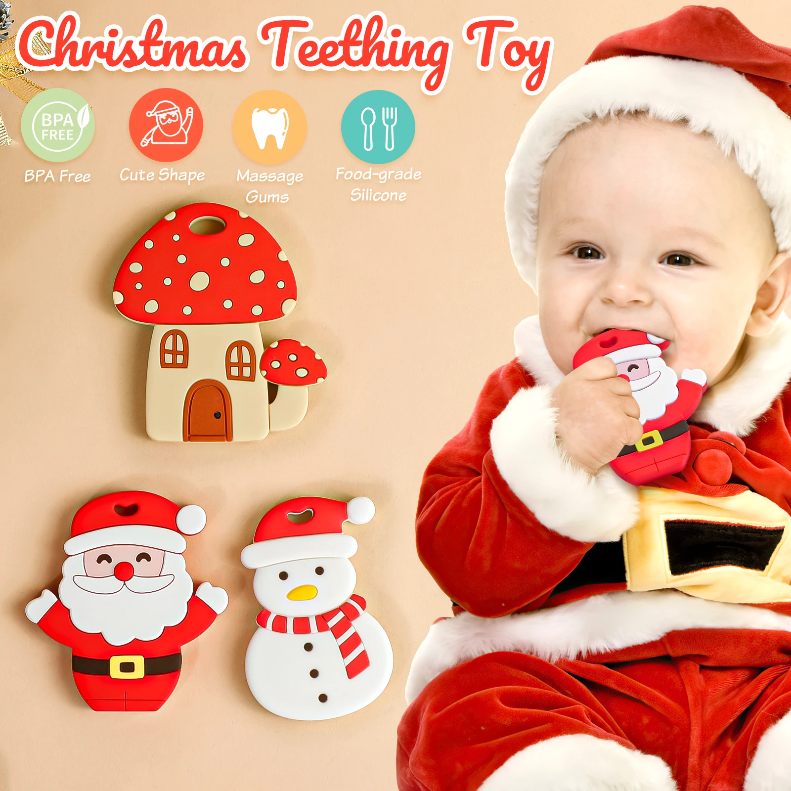 TYRY.HU 1pc Silicone Teether Santa Claus Christmas Tree Baby Teething Bead For Food Grade Infant Nursing Teether Toy Accessories