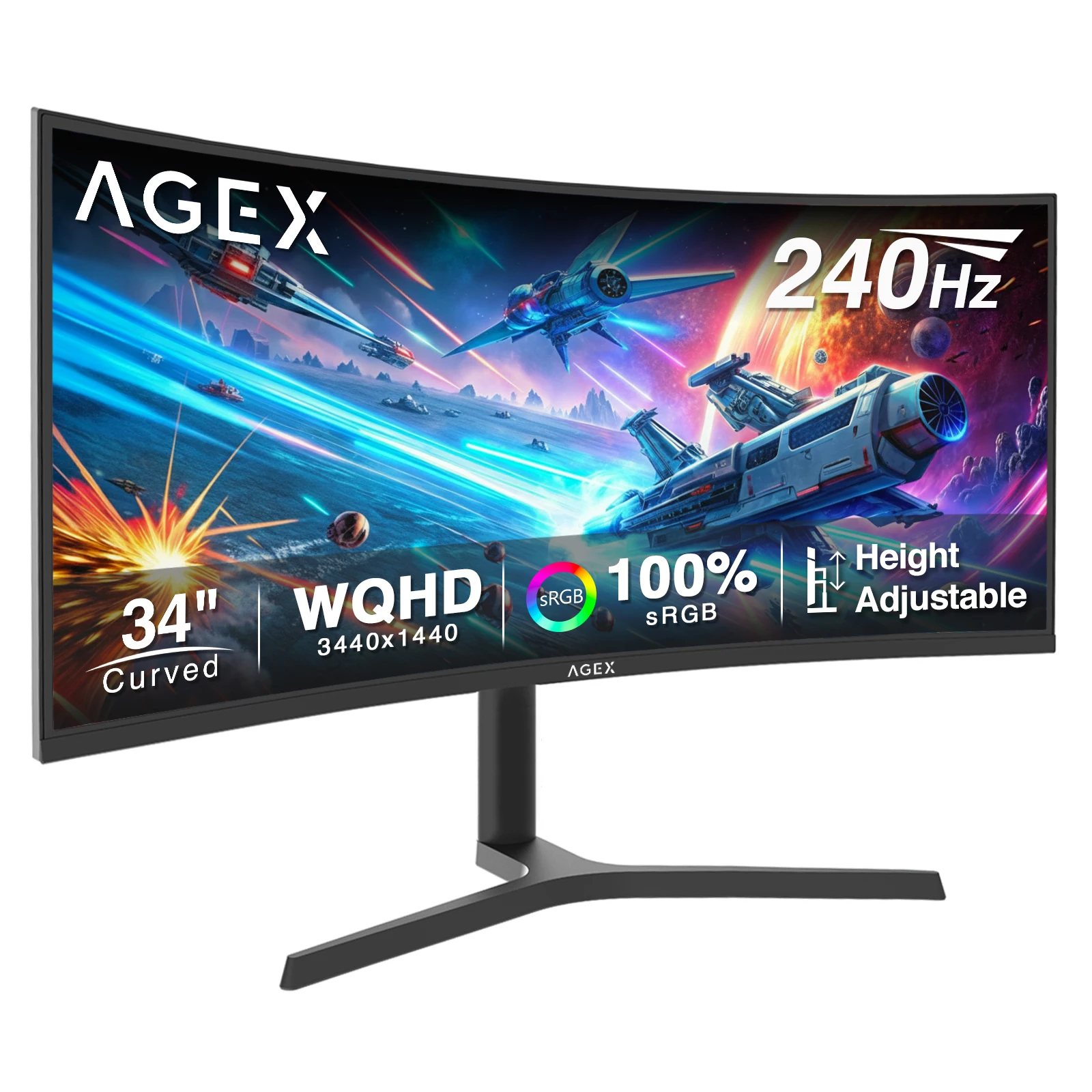 X AGEX 34-Zoll Curved Gaming-Monitor – 240 Hz, 3440 x 1440 UWQHD Ultrawide, 1 ms MPRT, 21:9 VA-Panel, 100 % sRGB, 350 cd/m² Helligkeit, FreeSync HDR10, mit PIP/PBP, VESA-kompatibel, höhenverstellbar