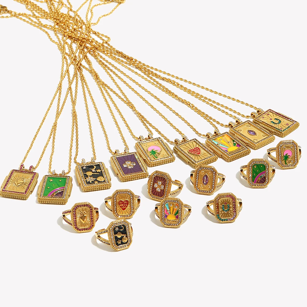 E.B.belle Colorful Enamel Square Zircon Pendant Necklace 18K Gold Plated Stainless Steel Fashion Neck Jewelry view 6