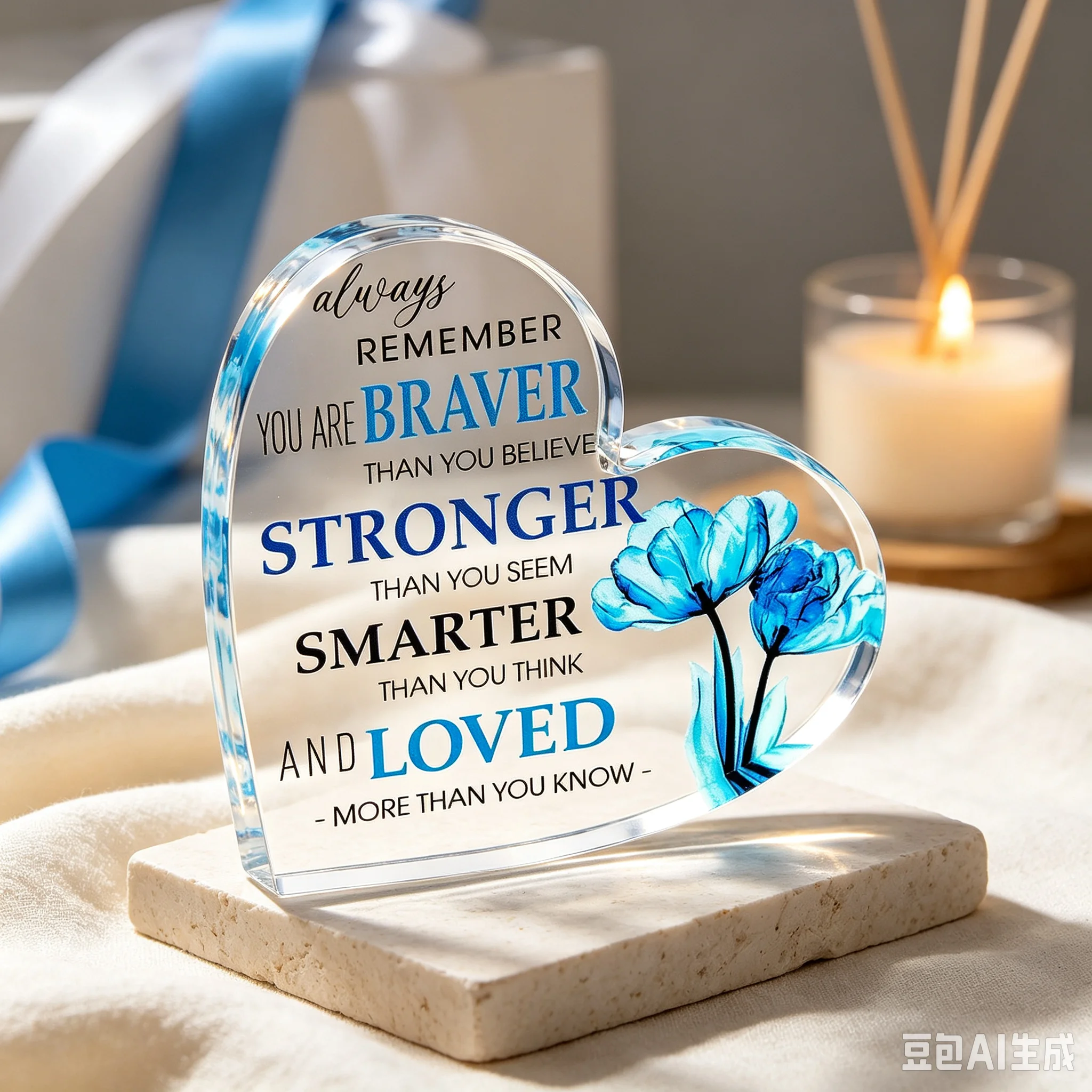 Heart‑Shaped Acrylic Inspirational Plaque, Blue Tulip Floral Encouragement Quote Desktop Ornament, 