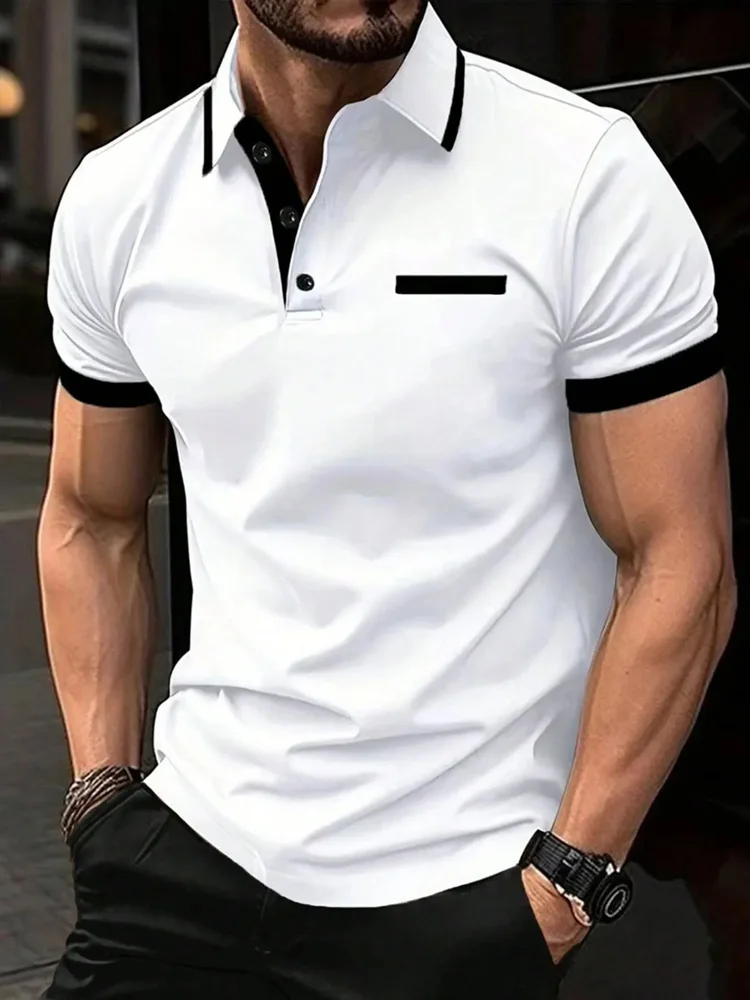 Men's Polo Shirt Fashion Business Casual Crew Neck Short Sleeve Formal Stripes Patchwork Summer Black T Shirt Men's Clothing image 4