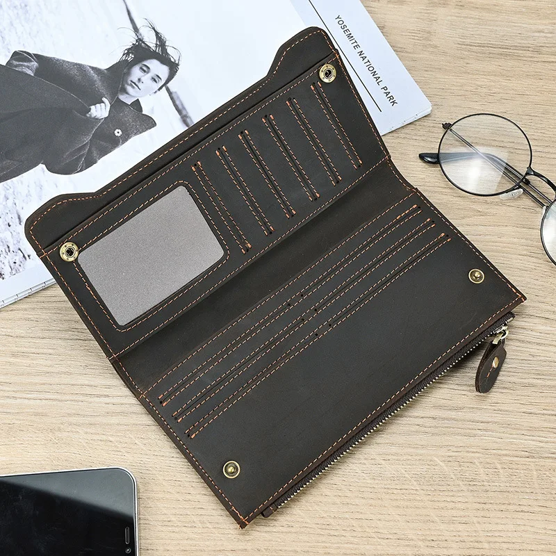 Men Vintage Long Wallet Genuine Leather Cowhide Snap Male Money Case Card Holder Zipper Coin Pocket Unique Casual Clutch Bag
