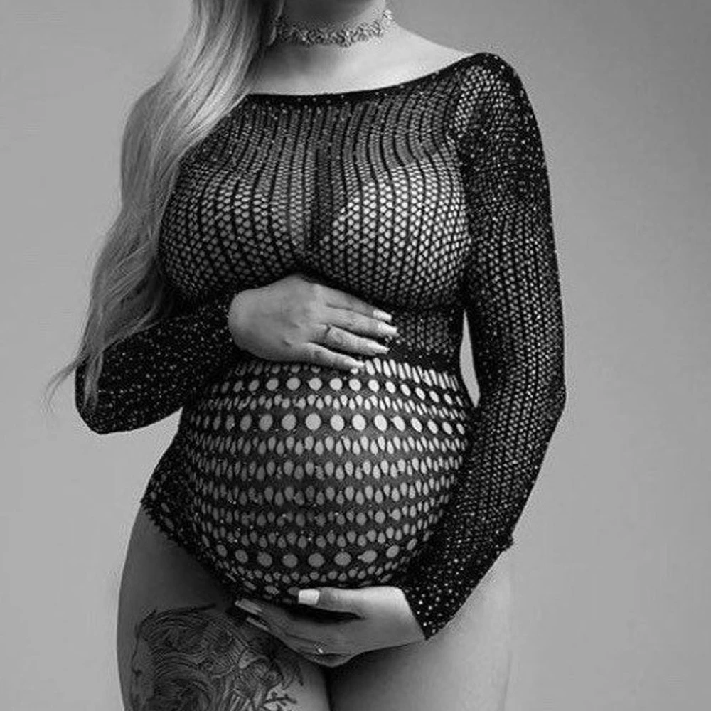 Maternity Photoshoot Stretchy Lace Bodysuit Black Soft Fabric Jumpsuit Maternity Photography Props V Neck Stretchy Lace Sleeve