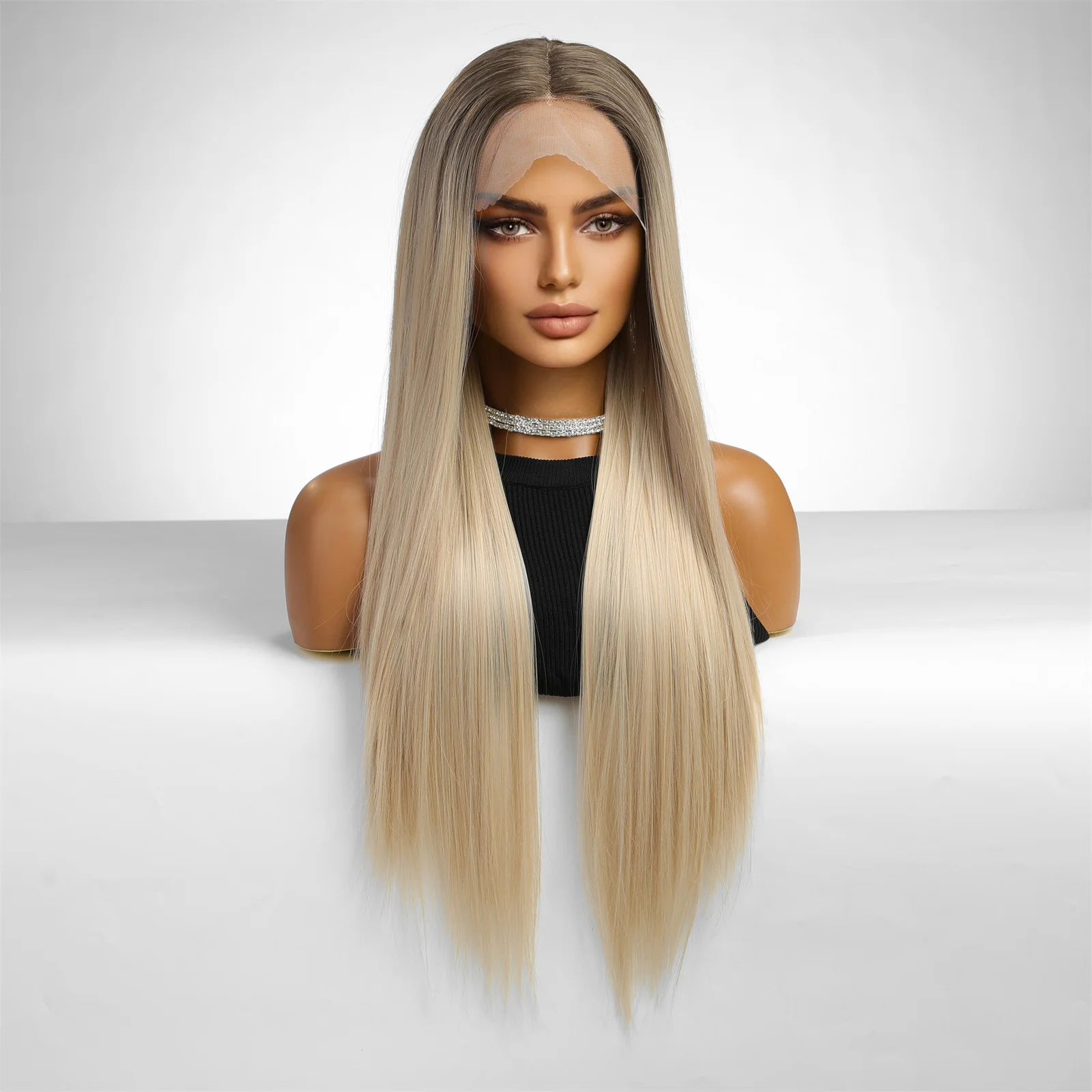 CharmSource Lace Front Wig Long Straight Golden Blonde Wigs with Dark Root for Women Daily Party Cosplay Wedding High Density