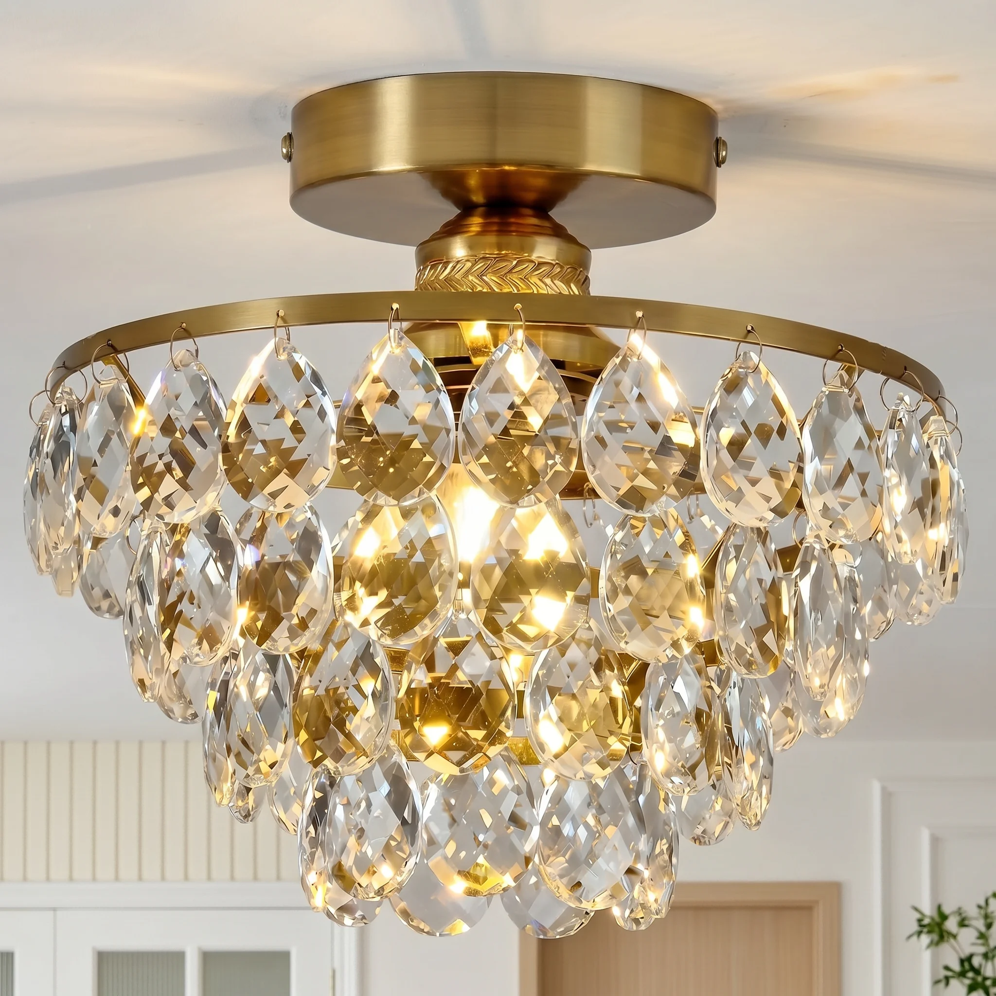 

Modern Crystal Ceiling Light, Semi-Flush Mount Ceiling Fixture, Golden Crystal Ceiling Light- Hallway/Bedroom/Bathroom/ding room