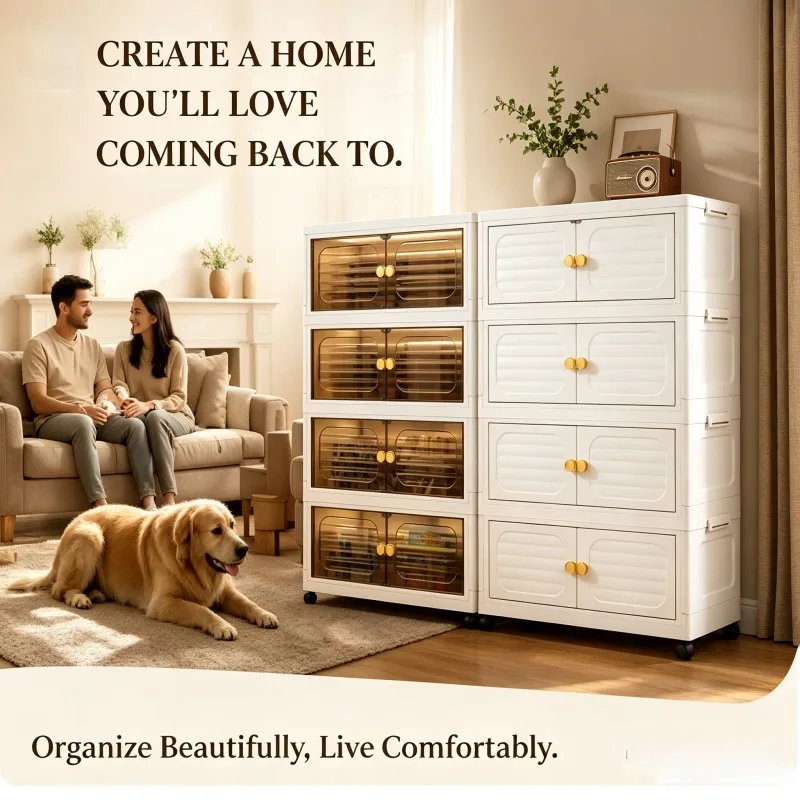 2/3/4/5/6Tier Cream White Foldable Stackable Storage Cabinet, No Assembly Collapsible Slim Narrow Plastic Storage Chest with Clear Transparent Double Doors & Golden Round Pull Handles, Lockable 360° Rolling Casters Side Connection Buckles Dustproof Visibl