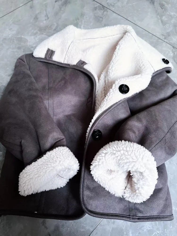 

Autumn and winter fashion new trendy loose casual jacket double-sided retro brown lamb wool thickened lapel jacket for women