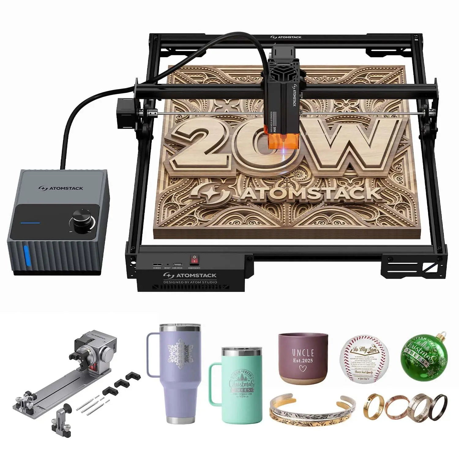 A20 PRO V2 20W Laser Engraver with F80 Auto Air Assist Aand R8 Rotary Chuck Cutter Professional DIY Laser Engraving Machine