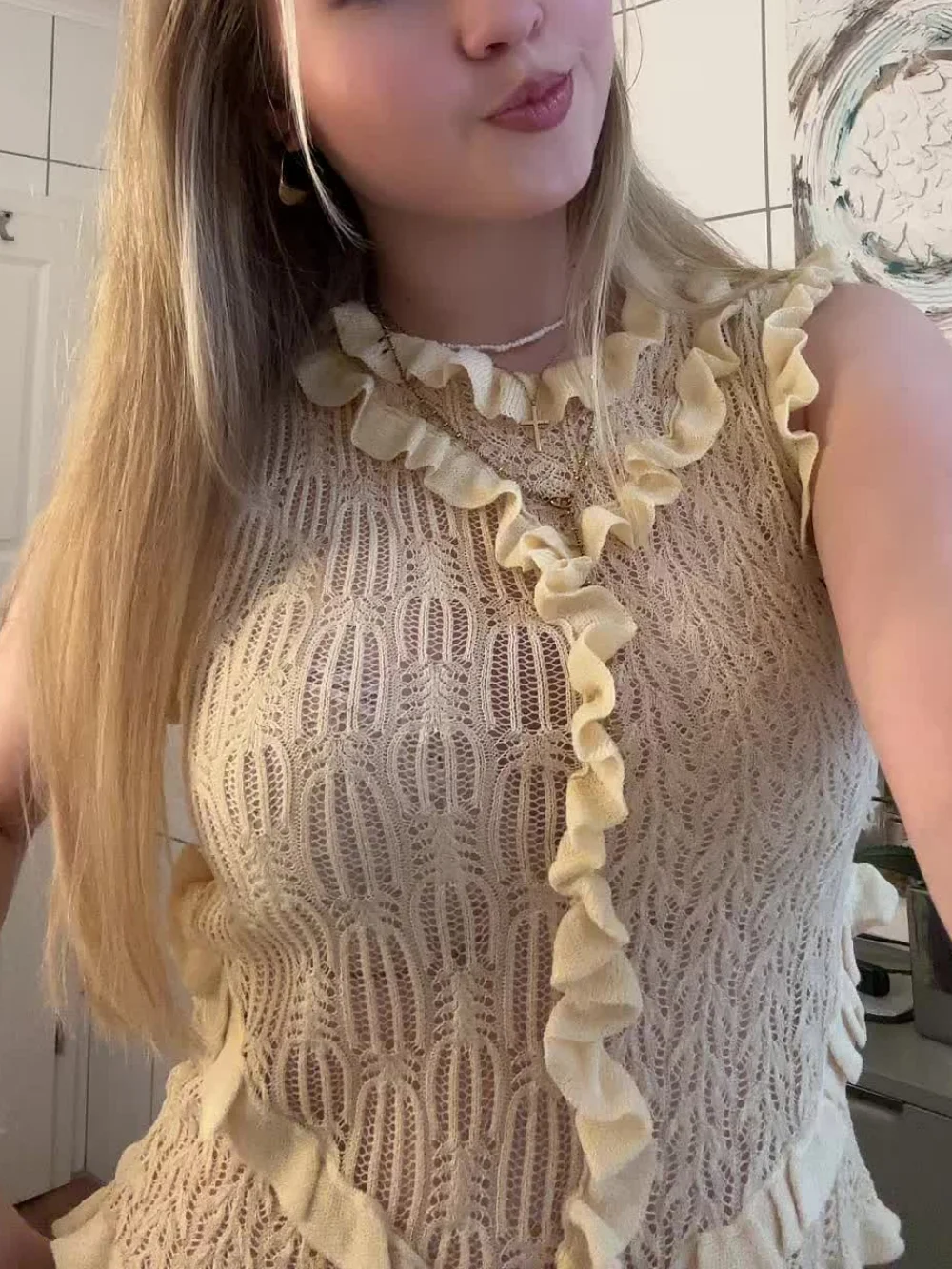 French Style Knitted Top Women Chic Ruffle Trim Sweaters Fashion Hollow Out Slim Waistcoat Sweet Cropped Blouses Clothing 2026