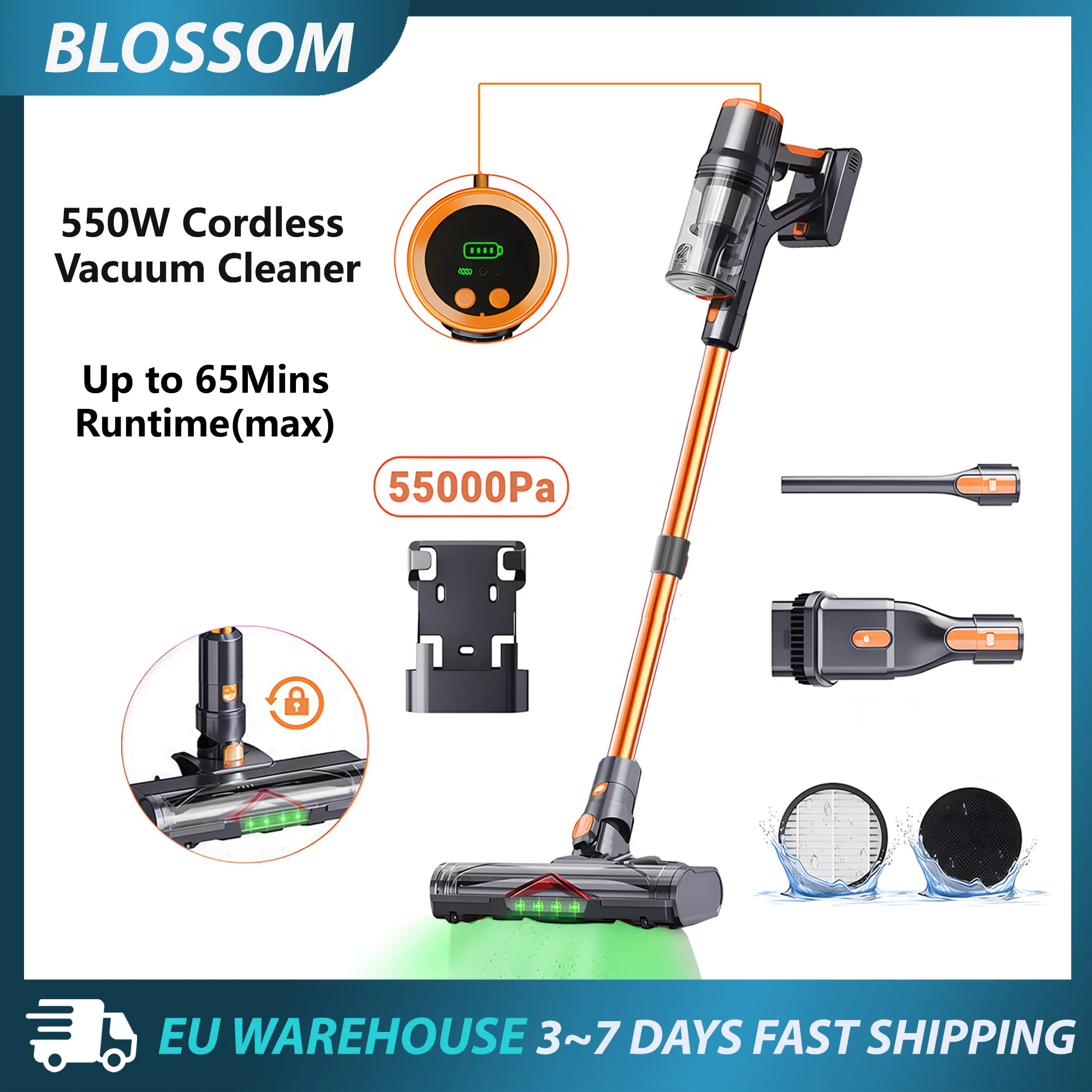 Aspirateur sans fil Blossom DSV112A, 550W, 55KPA, 2 modes, 65 minutes d'autonomie, pour poils d'animaux et tapis