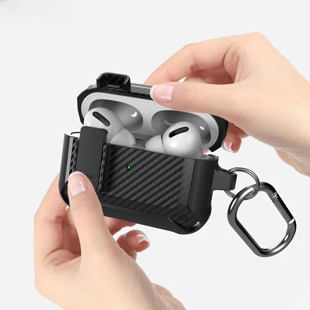Pokrowiec z zamkiem bezpieczeństwa do słuchawek Airpods Pro 2 Luksusowy pokrowiec z przełącznikiem z włókna węglowego z brelokiem do słuchawek Airpods 4 3 Wstrząsoodporne pudełko — zdjęcie 2