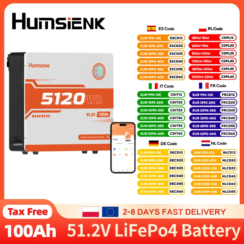 Humsienk 48V 100Ah Bluetooth LiFePO4 Batteria a parete 100A BMS 15000 Ciclo 5.12KWh per inverter, camper, sistema di energia solare