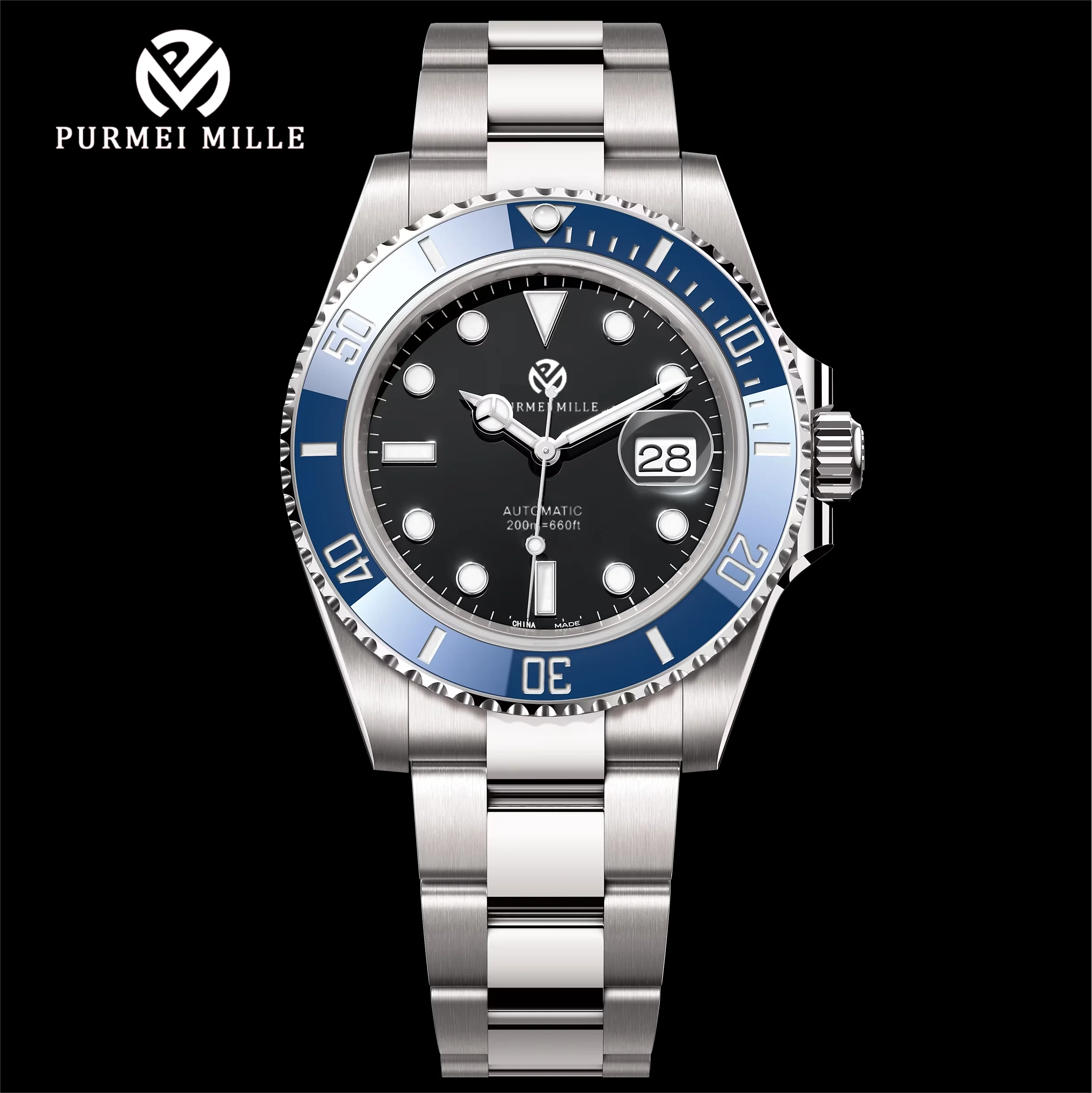 Purmei mille montre mécanique automatique de luxe pour hommes Bracelet en acier inoxydable argent or noir bleu céramique étanche 40mm verre