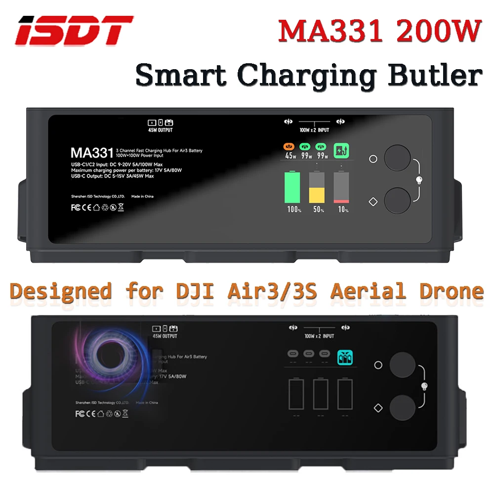 

ISDT MA331 Air3 200W 3CH Smart Charging Butler Type-C Plug OTA Upgrades для DJI Air3/3S Aerial RC Drone Модель Зарядное устройство