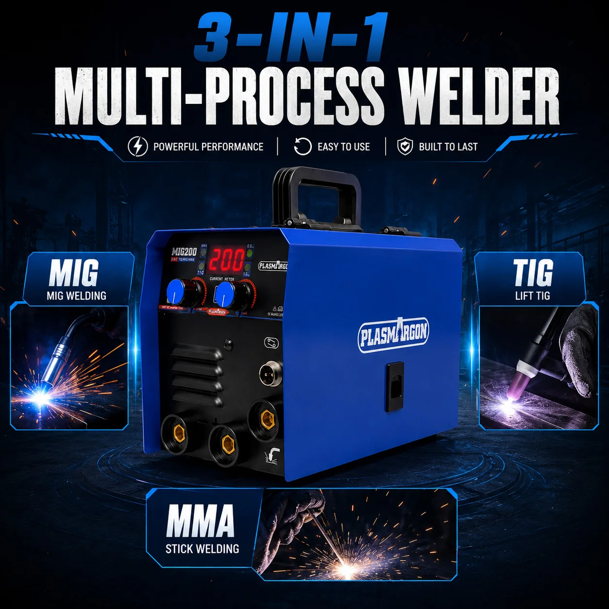 PLASMARGON MIG Welder,200A 3-IN-1 Flux Core MIG/Lift TIG/MMA Welding Machine,Gasless Welder With IGBT Inverter LED Display