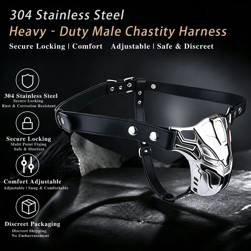 Heavy Stainless Steel Hollow Chastity Cage with Lockable Leather Belt Male Penis Restraint Cock Cage Bondage Adult Toy Fetish - view 3