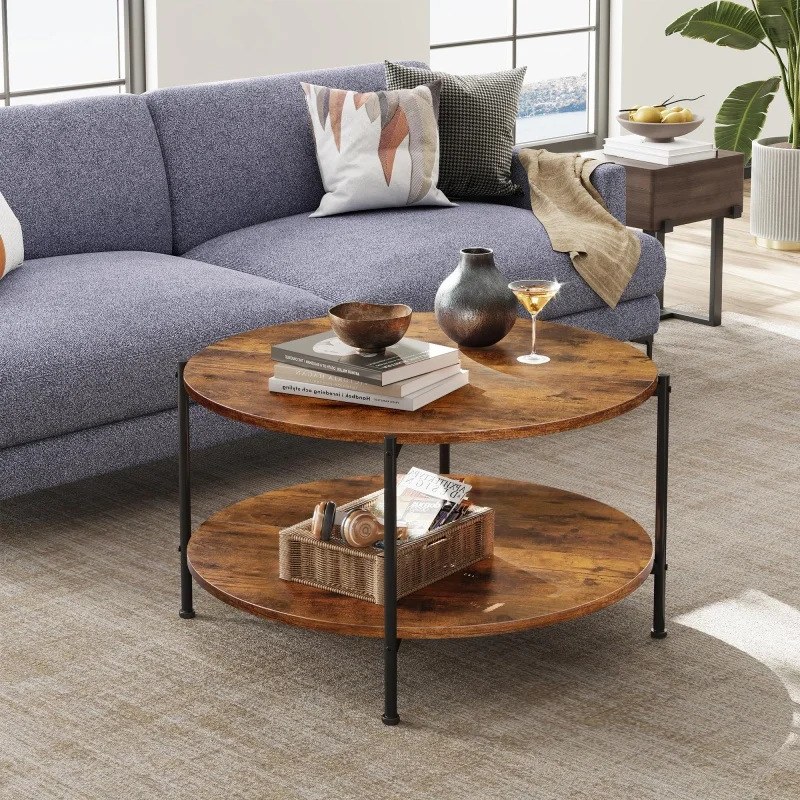 

GALAXHERO Round Coffee Table with Storage Shelf 2 Tier Circle Wood Center Table for Living Room Bedroom Apartment