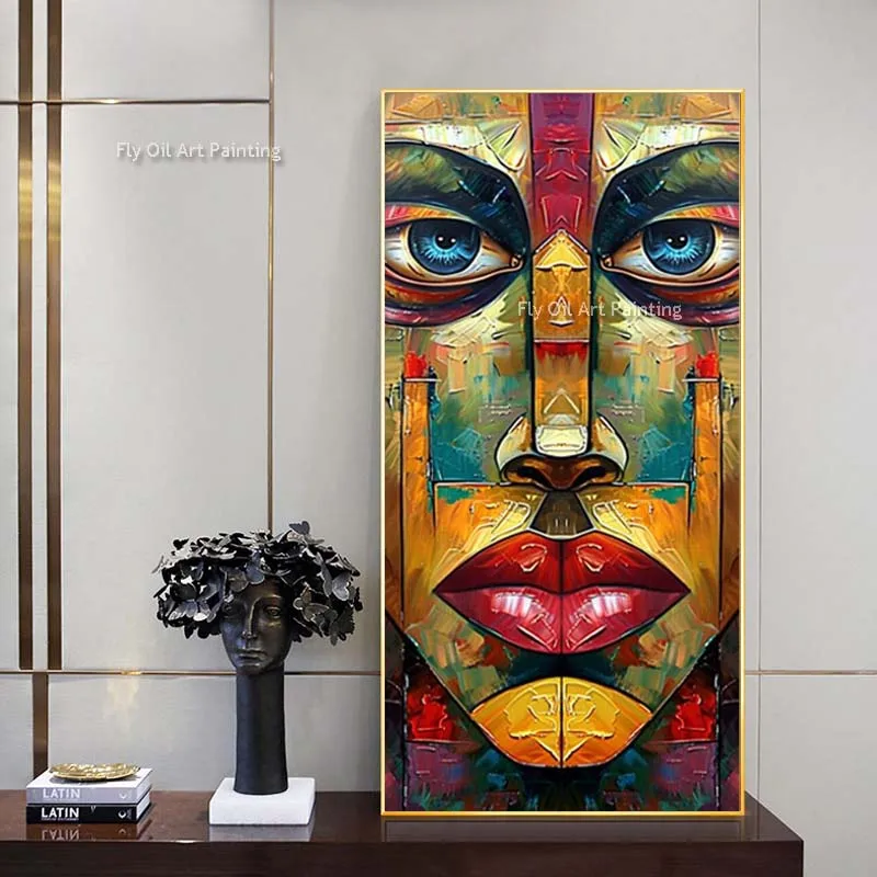 Original Colorful Textured Face Oil Painting Abstract Girl Boho Canvas Wall Art Handmade Impression