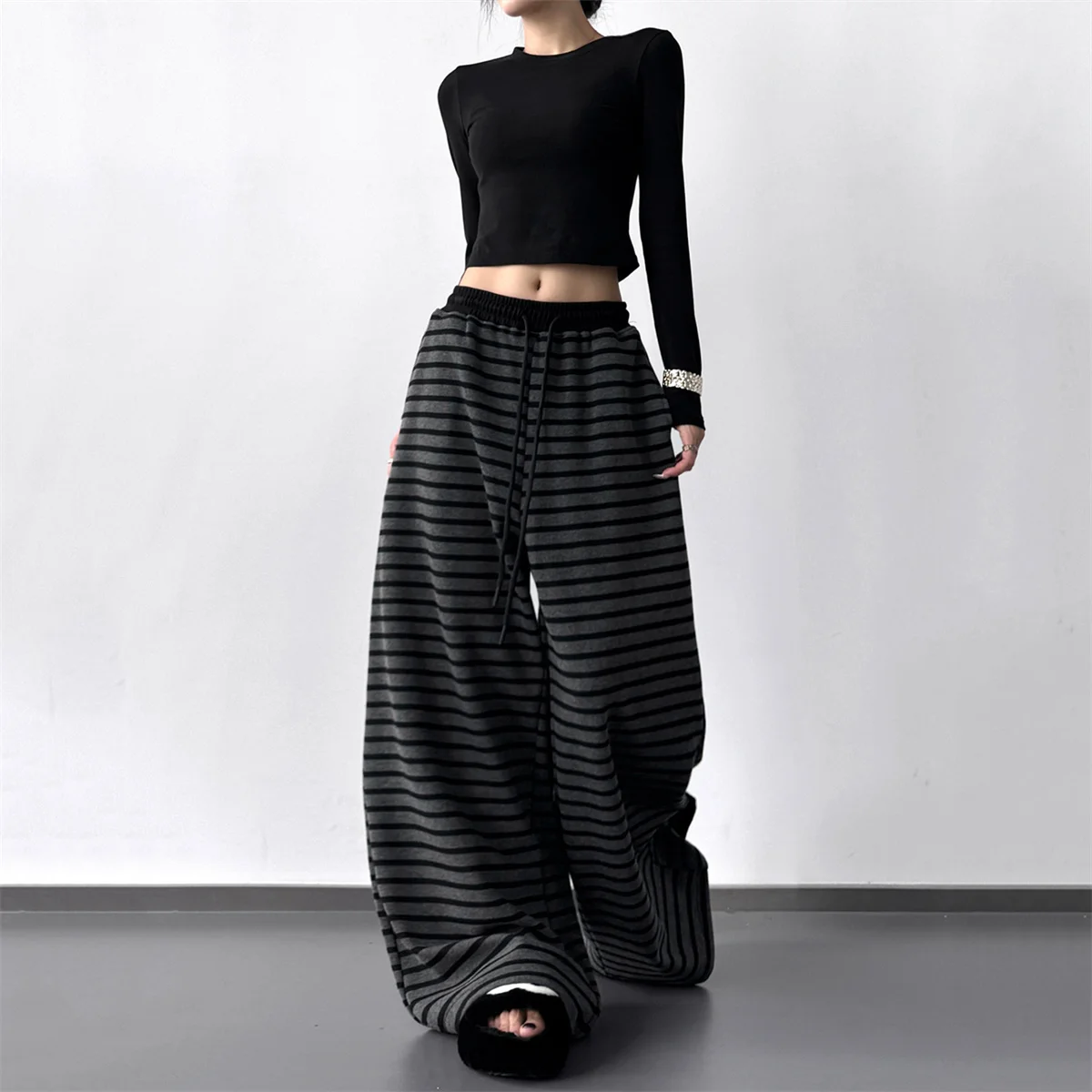 

Vintage Grunge Loose Knitted Casual Pant Harajuku Contrast Color Stripe Wide Leg Trousers Y2k Aesthetic Women Straight Pants