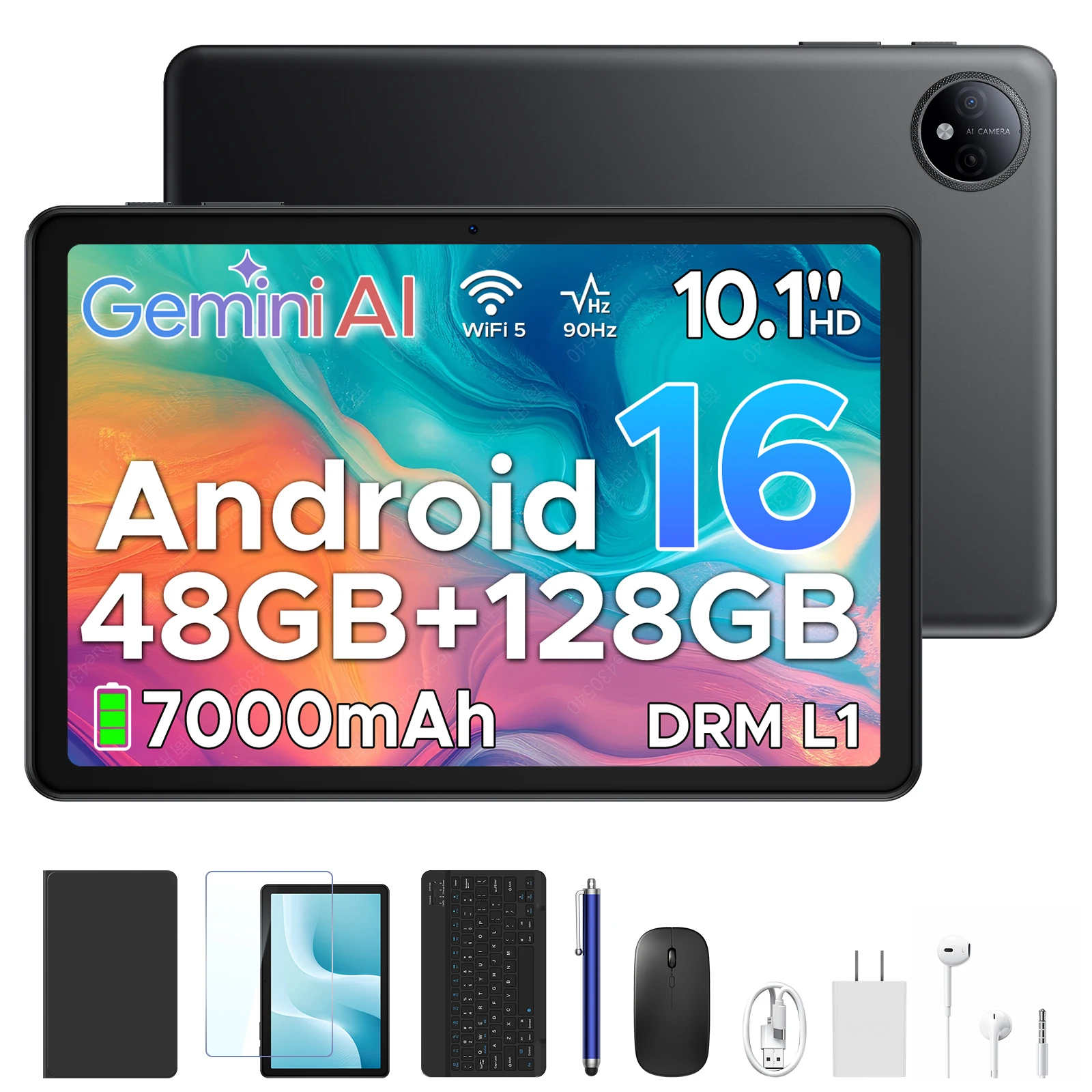 Aorlym P10 Tablet 10 inch Android 16 2 in 1 PC 10.1" Gemini AI Tablet Pad 7000mAh Battery 48GB RAM (8+40)+128GB ROM Widevine L1
