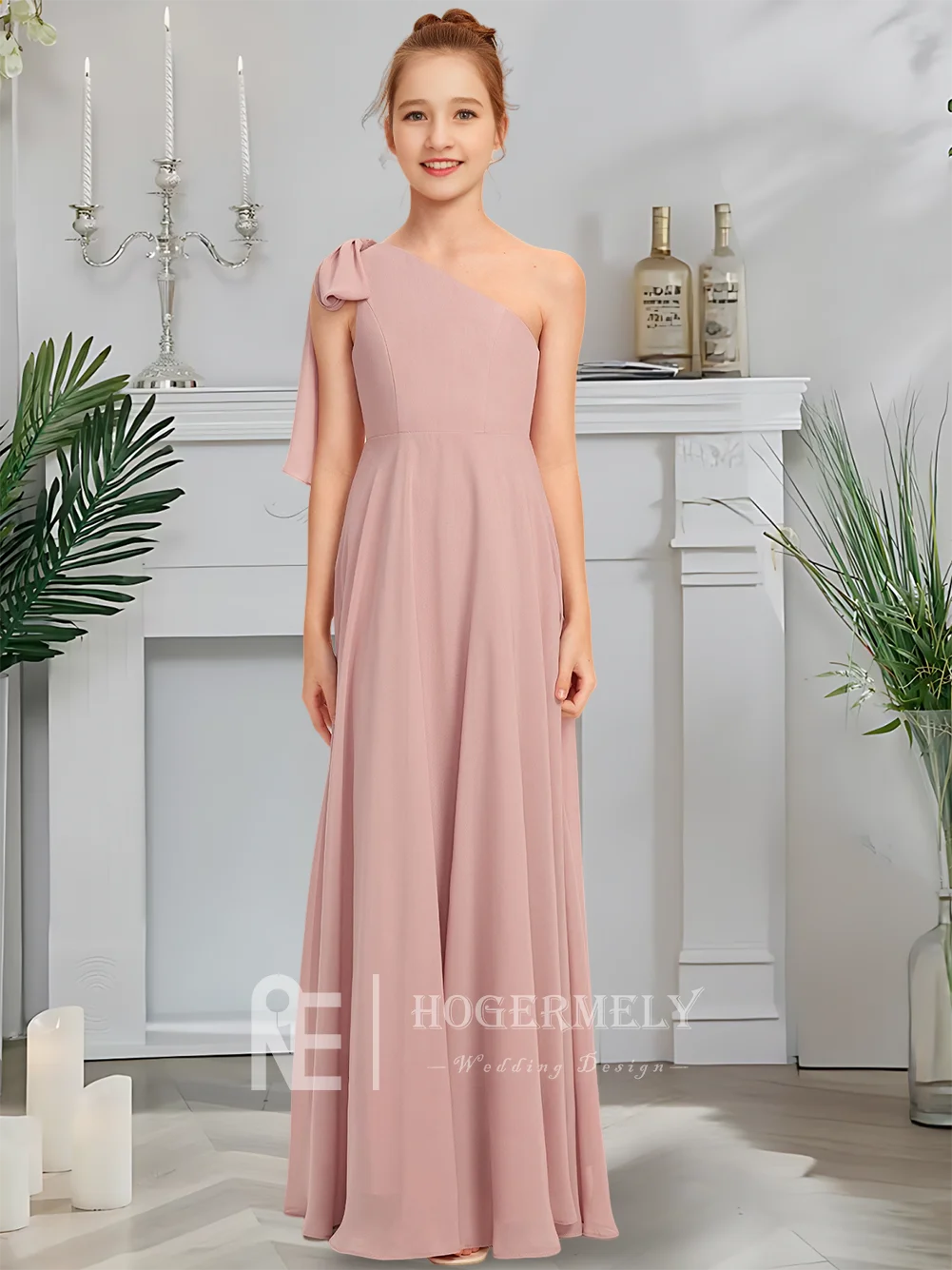 Детское платье подружки невесты на одно плечо, платье с цветочным узором розы для девочек, шифоновое платье длиной до пола с каскадным бантом на свадьбу