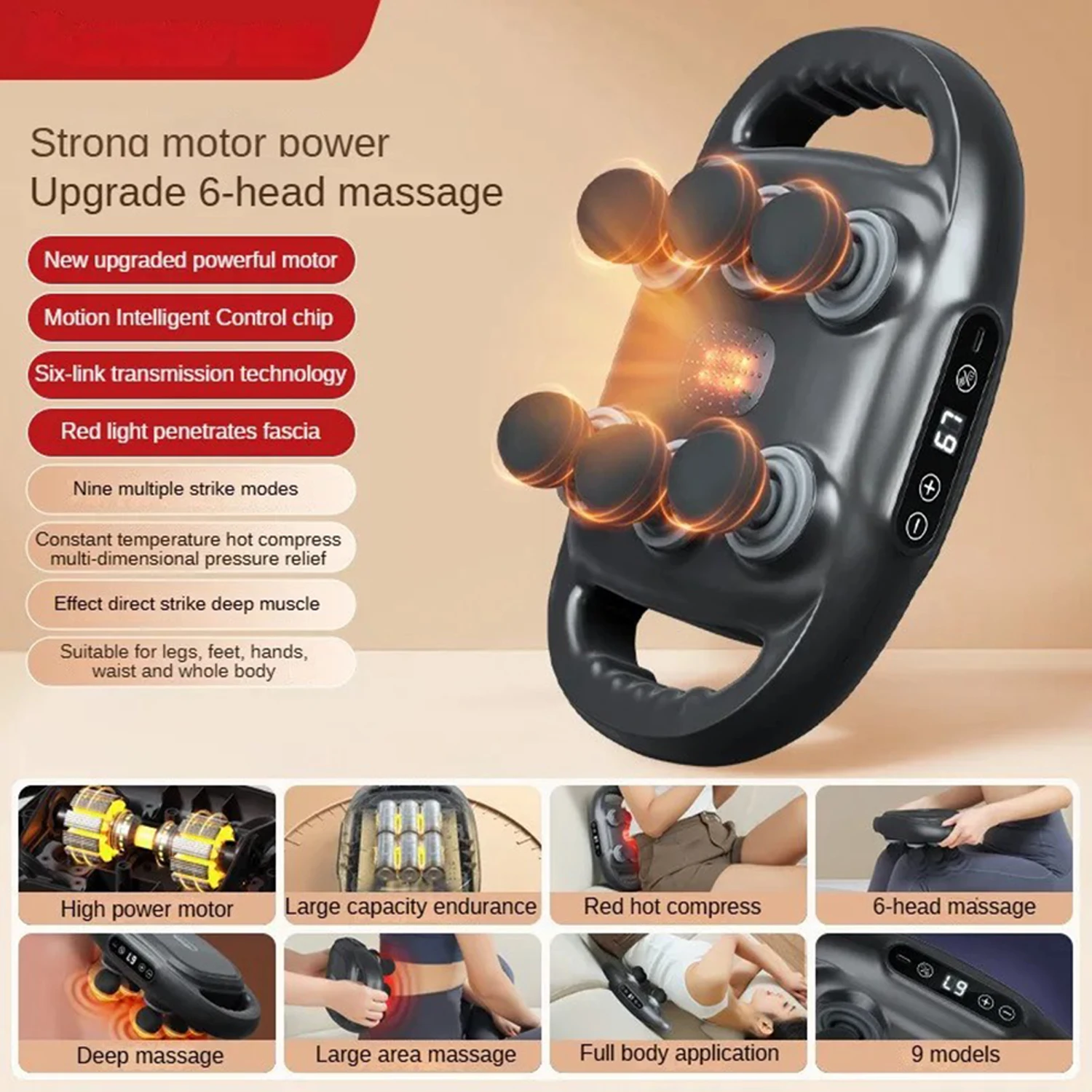 Six-head Fascia Gun Muscle Massager Gun High Frequency Back Waist Massage Machine Body Shoulder Professional Fascia Massage Gun